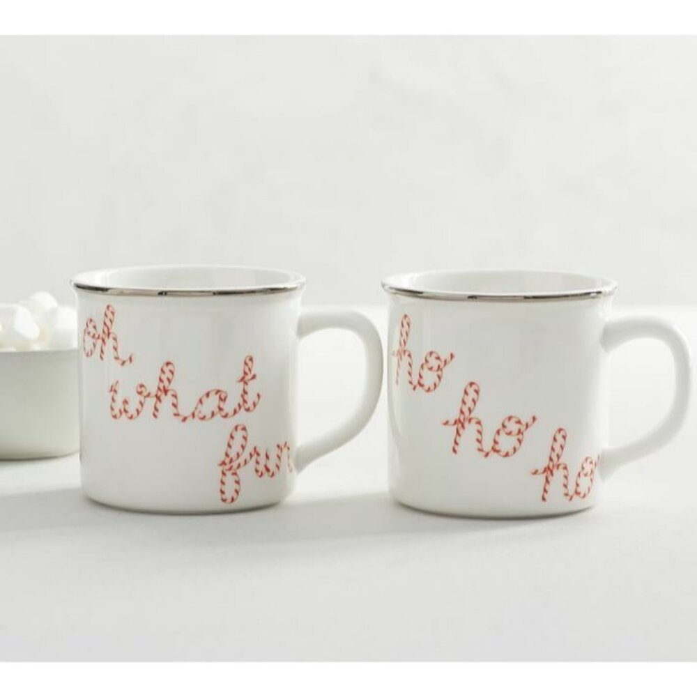 Set of 4 Pottery Barn Christmas Mugs Peppermint Sentiments Oh What Fun & Ho Ho H